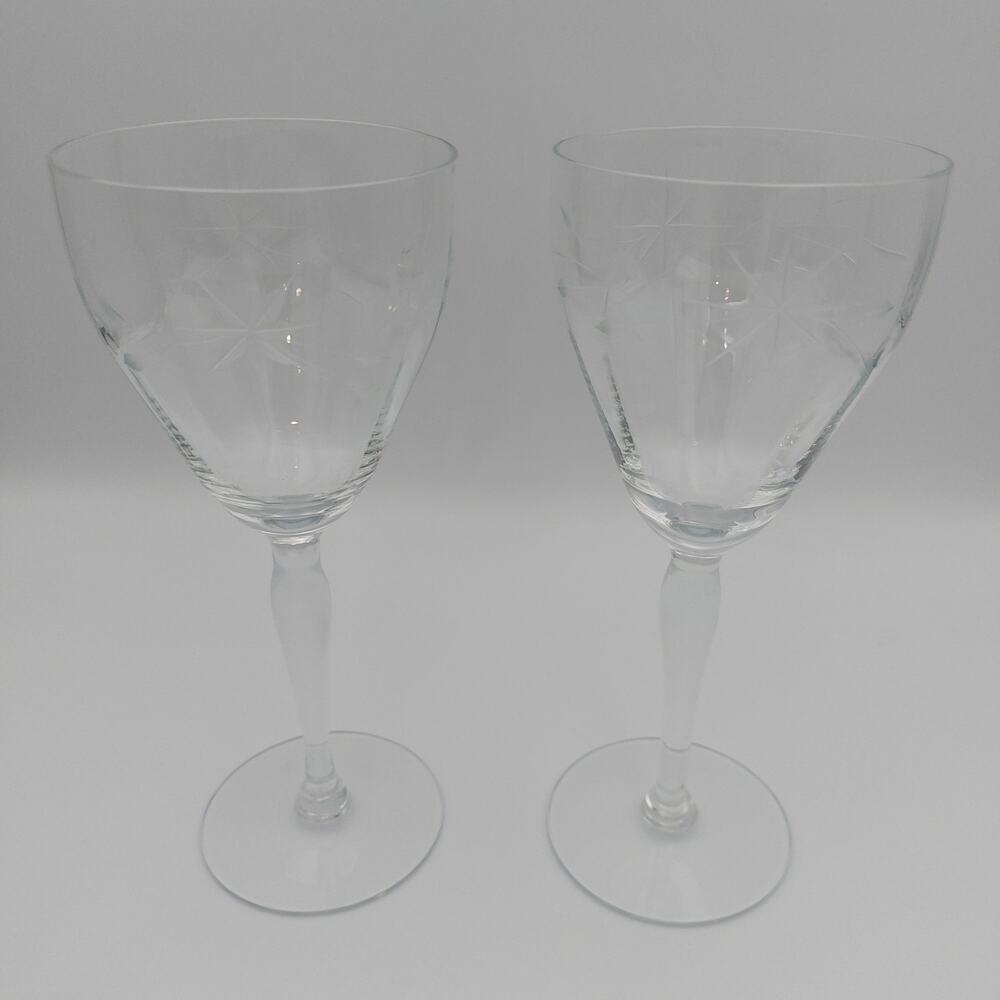 Vintage Etched Glass Wine Goblets Starburst Pattern Set of 2